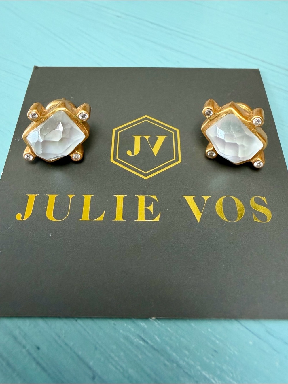 Julie Vos Gold-Trim White Crystal Stud Earrings